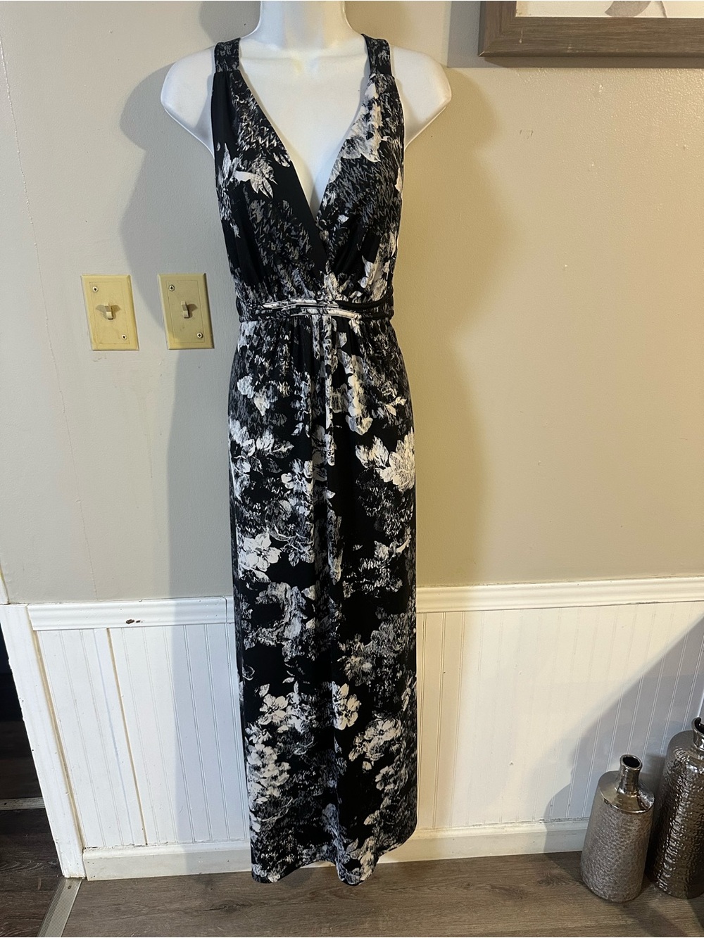 Black & White Floral Wrap Maxi Dress with Tie Waist